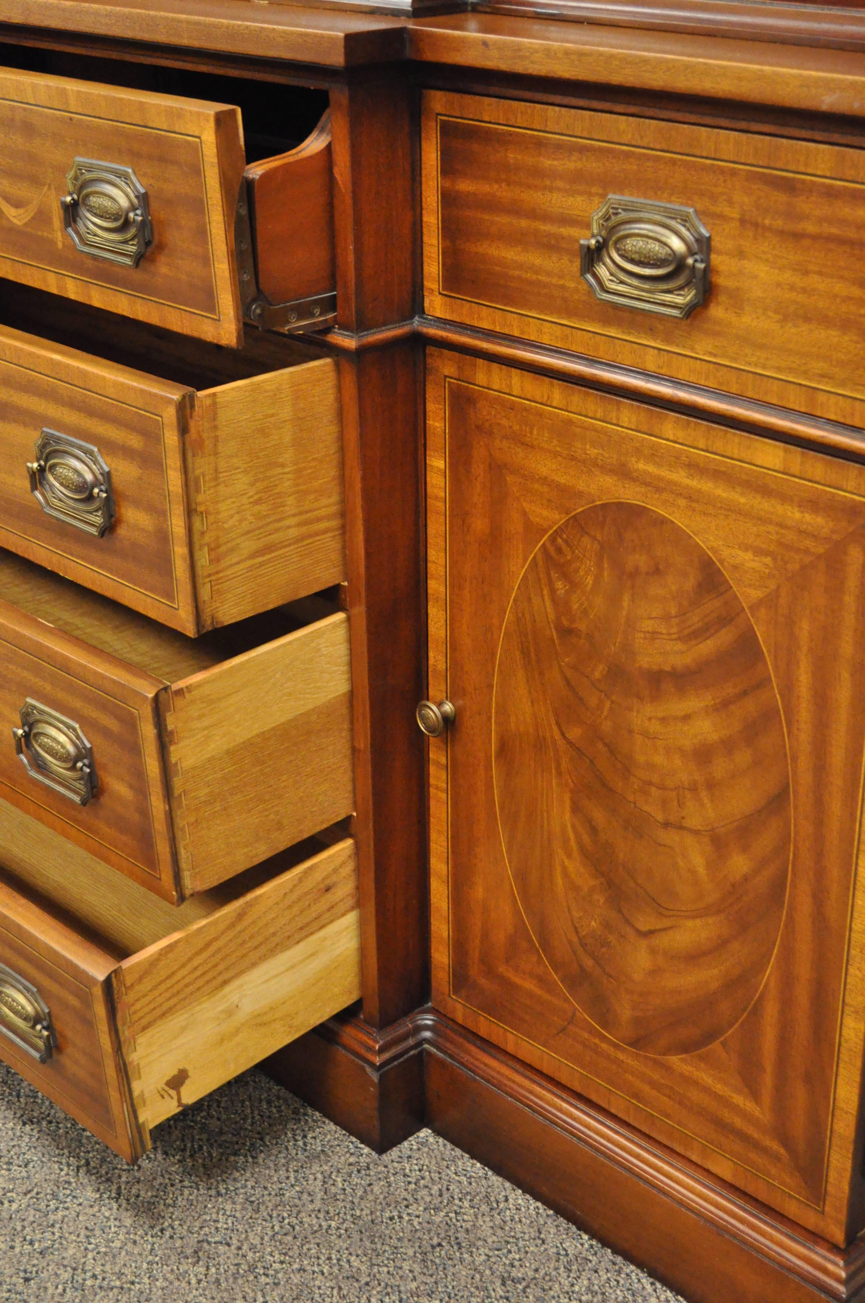 Georgian Style Bubble Glass Satinwood Inlay Mahogany Bookcase Breakfront Cabinet In Good Condition For Sale In Philadelphia, PA