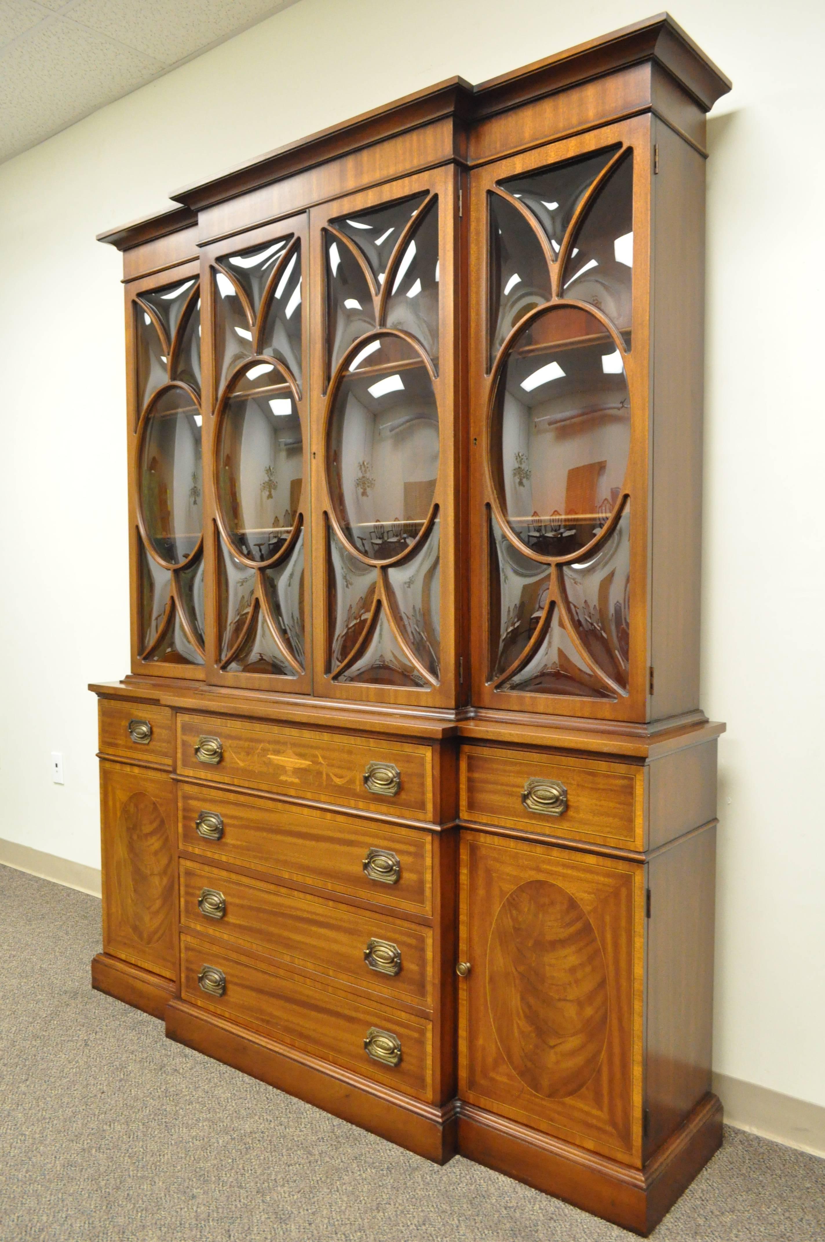 Georgian Style Bubble Glass Satinwood Inlay Mahogany Bookcase Breakfront Cabinet For Sale 1