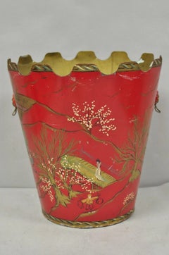Italian Chinoiserie Hand Painted Oriental Red Tole Metal Wastebasket Trashcan