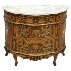 Vintage French Louis XV Style Bombe Demilune Marble Top Floral Painted Commode