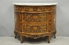 Vintage French Louis XV Style Bombe Demilune Marble Top Floral Painted Commode