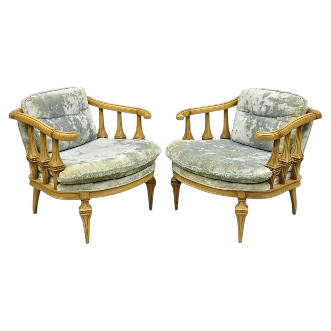Vintage Hollywood Regency Low Barrel Back Cream Painted Club Lounge Chairs, Pair For Sale