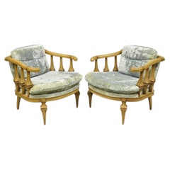 Vintage Hollywood Regency Low Barrel Back Cream Painted Club Lounge Chairs, Pair