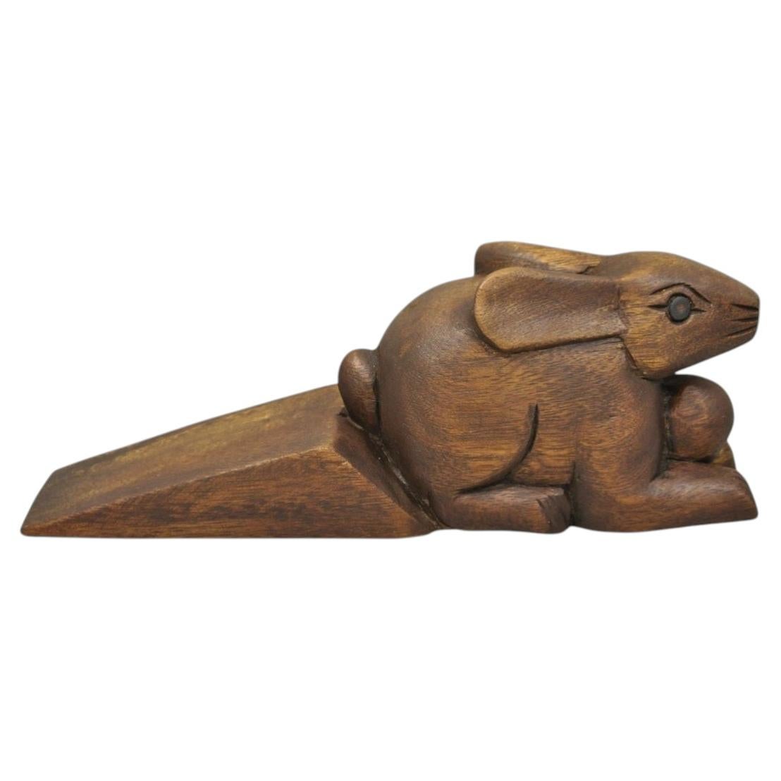 Folk Art Style Solid Carved Wood Bunny Rabbit Door Stop For Sale