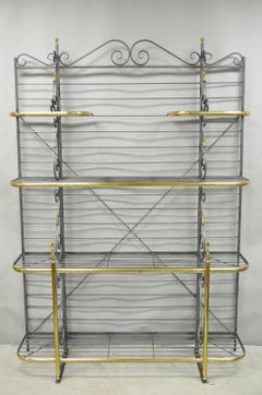 Vintage French Country Wrought Iron & Brass Kitchen Bakers Rack Bookcase Etagere