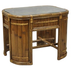 Vintage Hollywood Regency Bentwood Rattan Glass Top Beach House Side Table