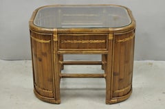 Vintage Hollywood Regency Bentwood Rattan Glass Top Beach House Side Table