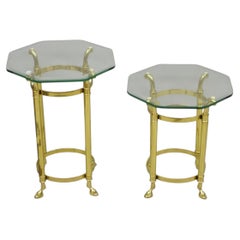 Vintage Hollywood Regency Brass Hoof Foot Glass Top Graduating Side Table - Pair