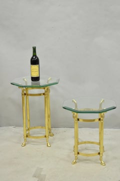 Vintage Hollywood Regency Brass Hoof Foot Glass Top Graduating Side Table - Pair