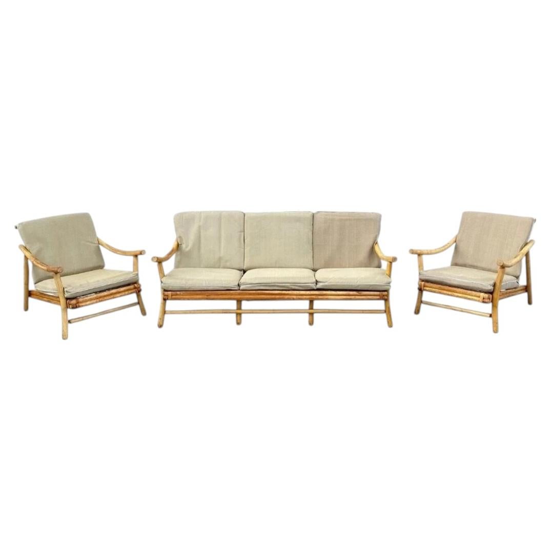 Vintage Ficks Reed Bamboo Rattan Tiki Sofa Set with Lounge Chairs - 3 Pc Set