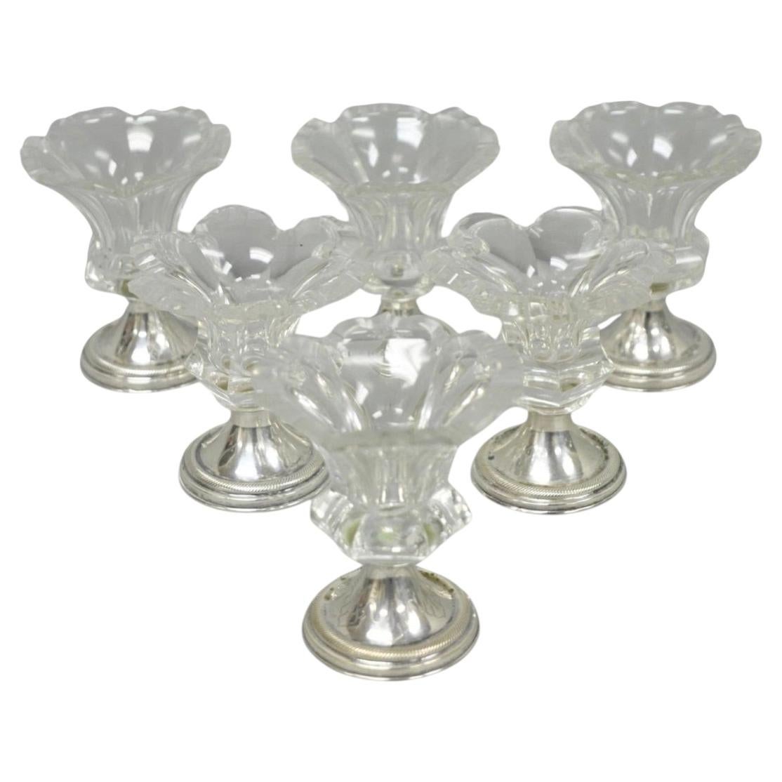 Antique English Victorian Crystal Glass & Silver Sweetmeat Candy Nut Dish, Set 6 For Sale
