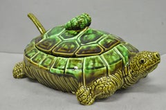 Vintage Tilso Japan Mid Century Modern Green Ceramic Figural Turtle Soup Tureen