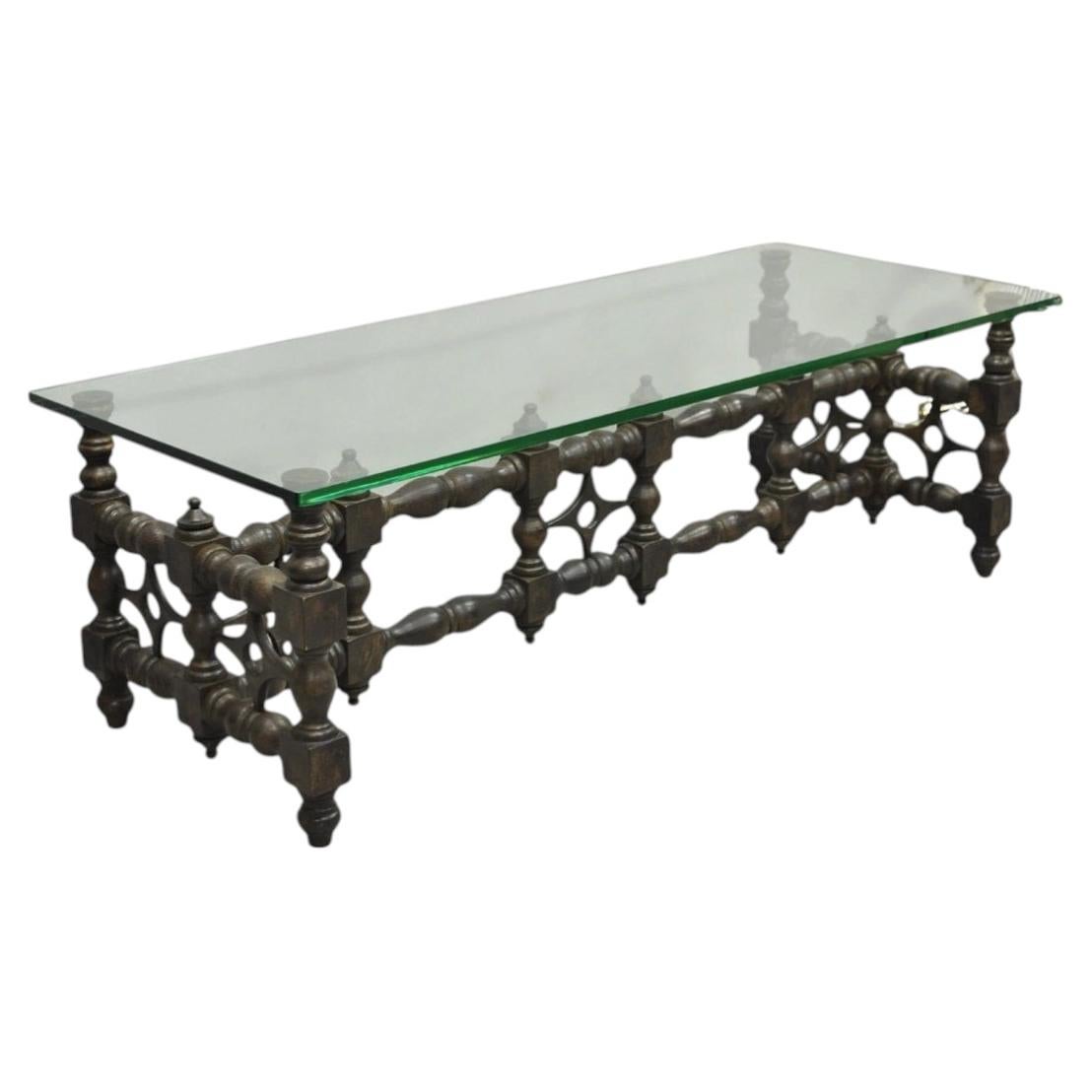 Vintage Gothic Renaissance Wooden Fretwork Rectangular Glass Top Coffee Table For Sale