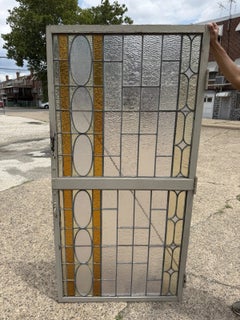 Antique Victorian Amber Stained Leaded Glass Double Window Converted to Door