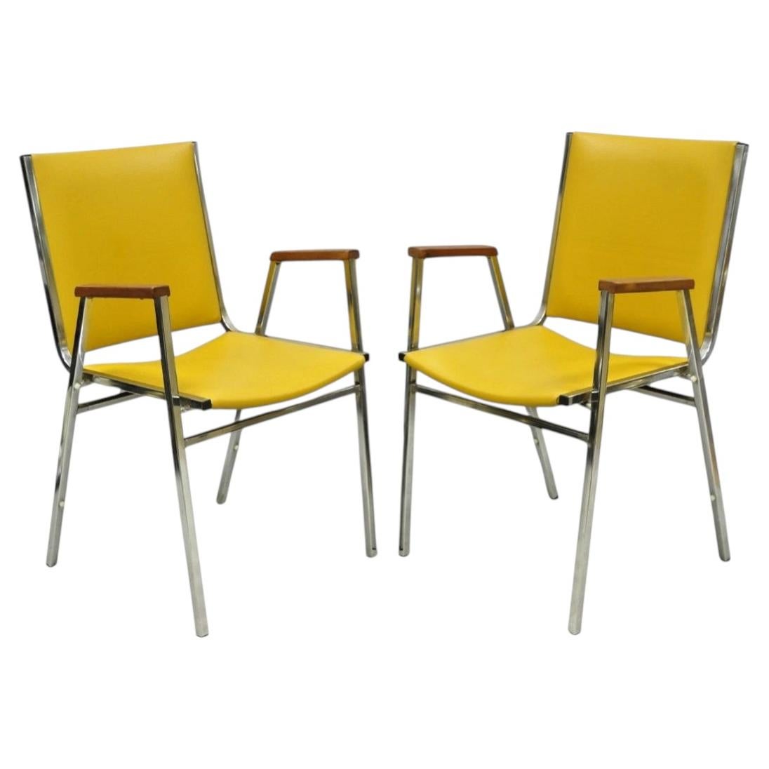 Vintage Nightingale Mid Century Modern Chrome & Yellow Vinyl Stacking Chair Pair