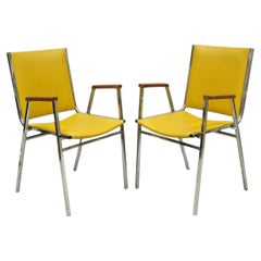 Vintage Nightingale Mid Century Modern Chrome & Yellow Vinyl Stacking Chair Pair