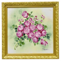 Mary Wilson French Hand Painted Porcelain Plaque Pink Rose Flower Painting (A)