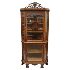 Antique Victorian Renaissance Oak Glass Door Carved Curio Corner China Cabinet