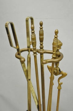 Antique English Federal Brass Urn Finial Fireplace Tool Set with Stand