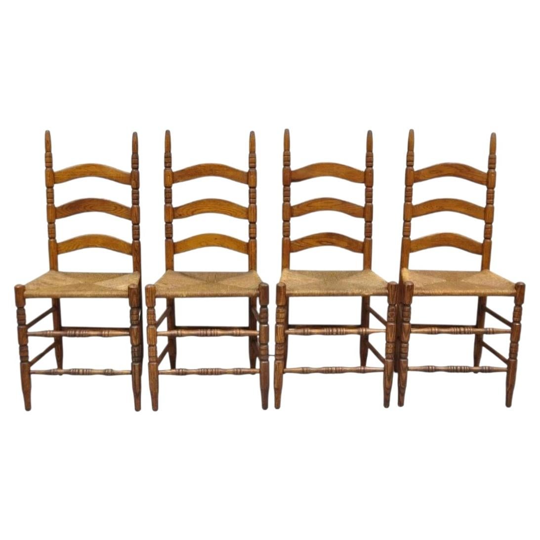 Antique Ladderback Primitive Rustic Oak Wood Rush Seat Dining Chairs - Set of 4 For Sale