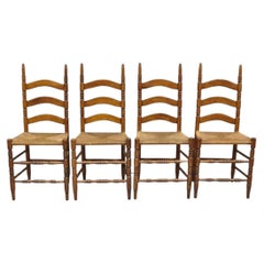 Antique Ladderback Primitive Rustic Oak Wood Rush Seat Dining Chairs - Set of 4