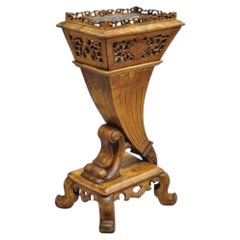 Vintage Fretwork Carved Teak Wood Chinese Cornucopia Plant Stand Planter