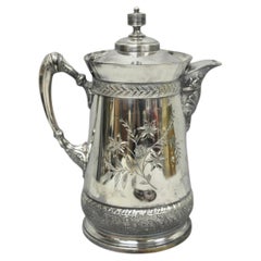 Antique Meriden Victorian Lrg Silver Plated Floral Etched Pitcher, Engraved 1892