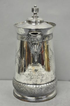 Antique Meriden Victorian Lrg Silver Plated Floral Etched Pitcher, Engraved 1892
