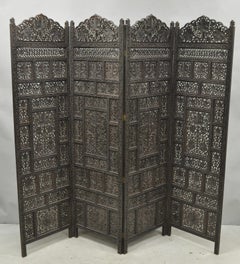 Vintage Anglo Indian Carved Teak Wood 4 Panel Room Divider Folding Screen