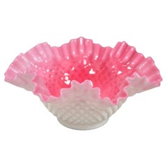 Vintage Pink & White Hobnail Cased Glass Candy Dish Ruffled Bowl Brides Basket