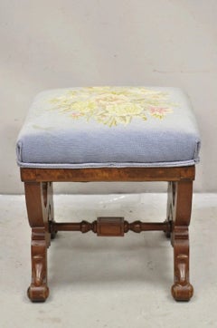 Antique Eastlake Victorian Burl Walnut Carved Curule Footstool Ottoman Stool