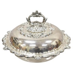 Vintage English Victorian Ornate Round Silver Plated Covered Serving Dish