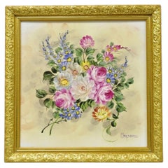 Mary Wilson French Hand Painted Porcelain Plaque Pink Rose Flower Painting (B)