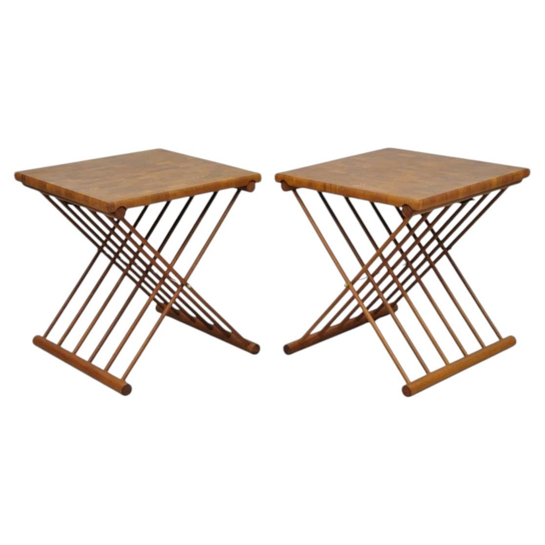 Mid Century Danish Modern Mandalay Teak Folding Campaign Style Side Tables Pair For Sale