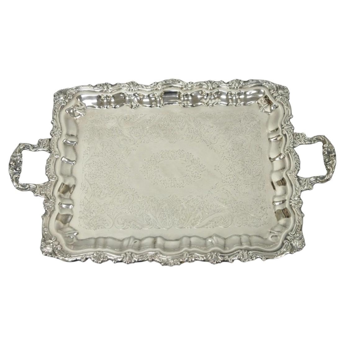 Vintage Victorian Silver Plated Footed Twin Handle Serving Platter Bar Tray For Sale