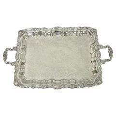 Vintage-Servierplatte im viktorianischen Stil, versilbert, mit Füßen und zwei Griffen, Bar-Tablett