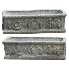 Vintage Neoclassical Style Concrete Cherub 36" Long Garden Planter Pots - a Pair