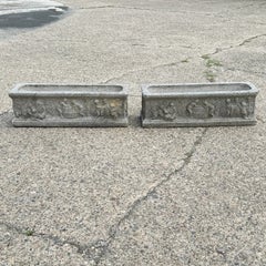 Vintage Neoclassical Style Concrete Cherub 36" Long Garden Planter Pots - a Pair
