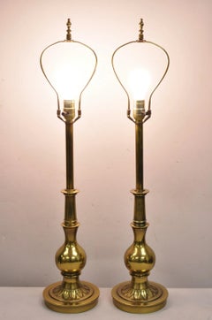 Vintage Stiffel Hollywood Regency Brass Bulbous Column Table Lamps - a Pair