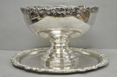 Vintage FB Rogers 5614 Victorian Silver Plated Punchbowl w/ Round Tray, 2 Pc Set