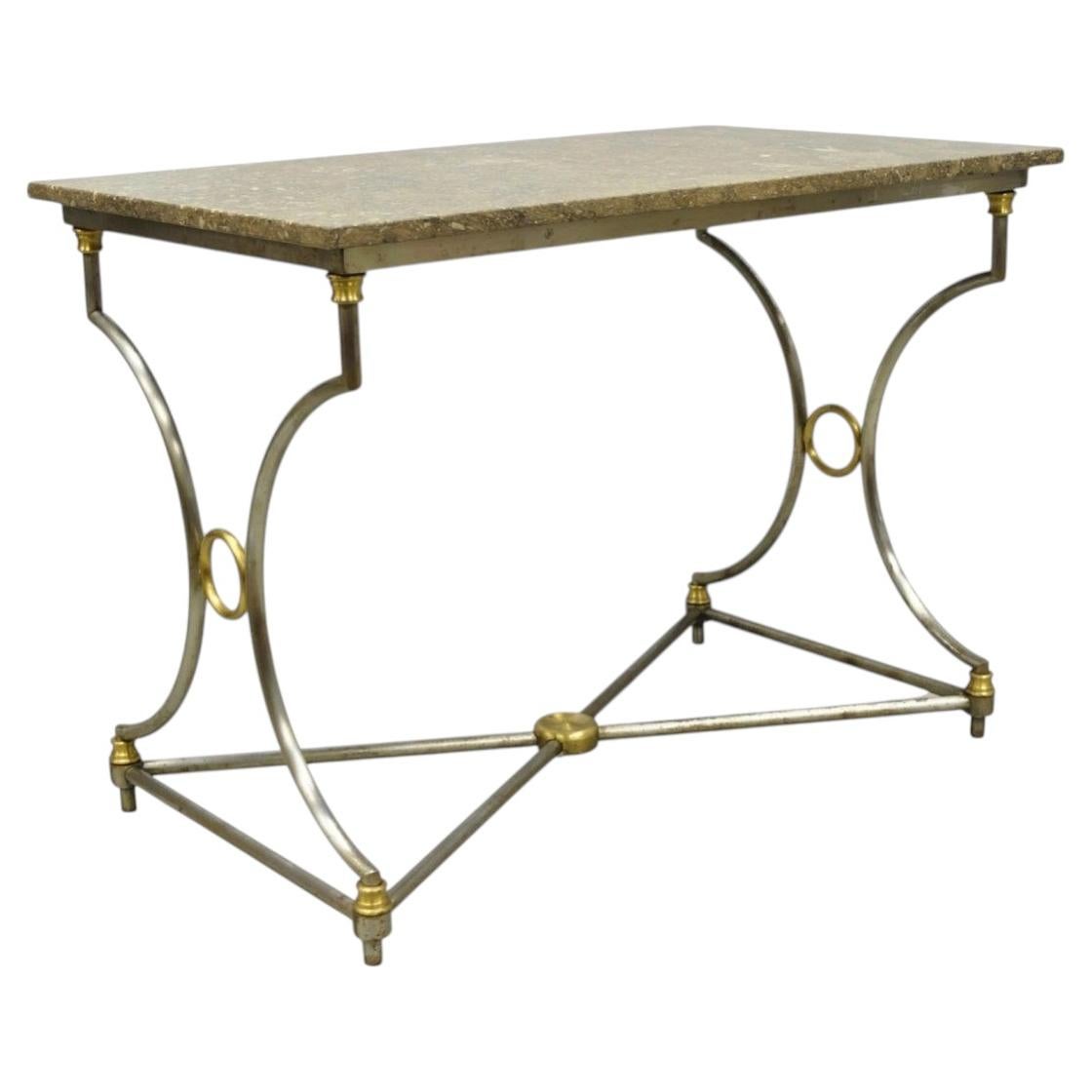 Vintage Directoire Maison Jansen Style Steel & Brass Marble Top Console Table For Sale