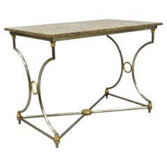Table console vintage de style Directoire « Maison Jansen », en acier et laiton, avec plateau en marbre