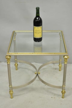 Vintage French Directoire Maison Jansen Style Steel Brass Low Square Side Table