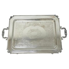 Vintage English Victorian Large Silver Plated Twin Handle Serving Platter Tray