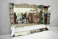 Vintage Venetian Art Deco Scalloped Edge Floral Etched Glass Large Wall Mirror