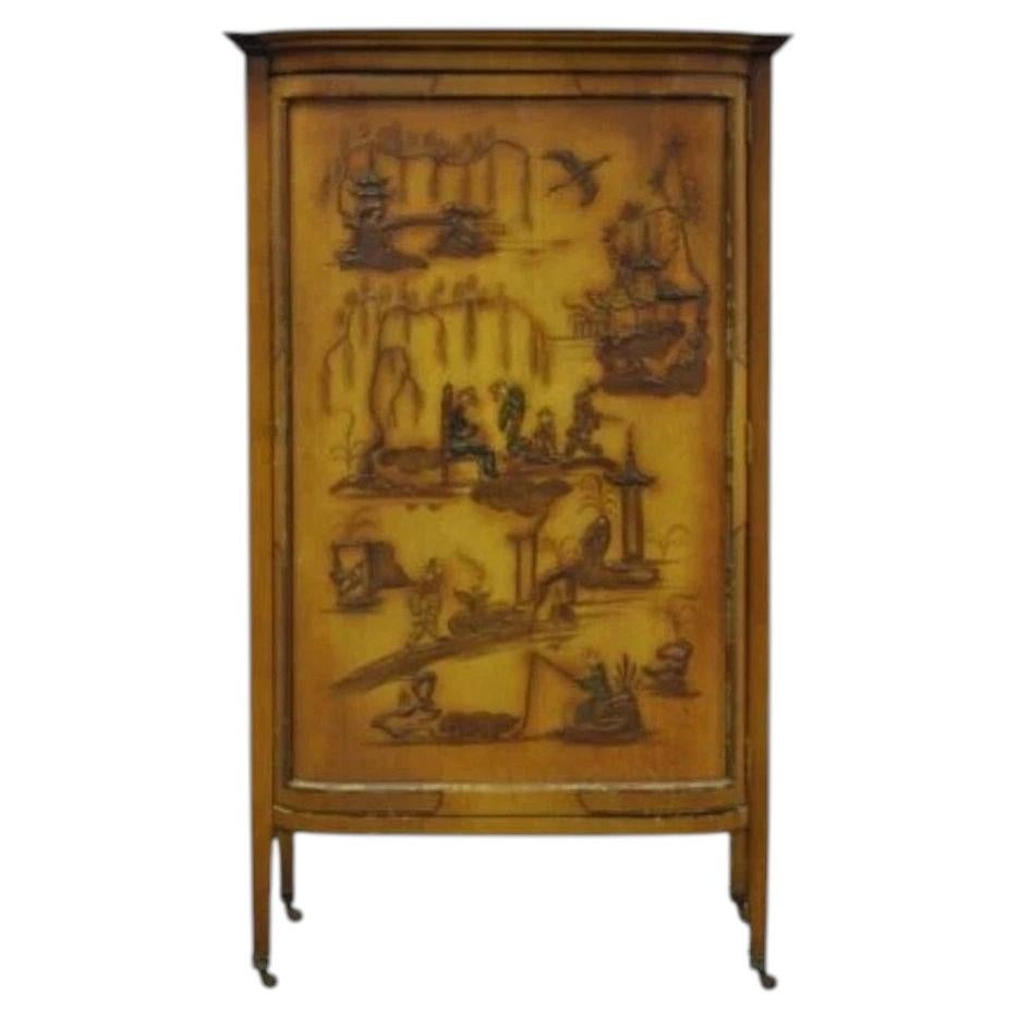 Antique Oriental Chinese Asian Lacquered Figural Painted China Cabinet Curio For Sale