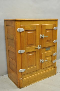 Antique RH Macy Co Victorian Oak Wood 3 Door Ice Box Vintage Refrigerator Chest