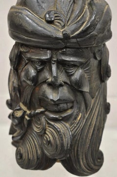 19th C European Black Forest Figural Wood Carved Bearded Man Lidded Tobacco Jar