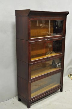 Antique Mahogany 4 Section Barrister Bookcase Glass Door Stacking Lawyer Cabinet
