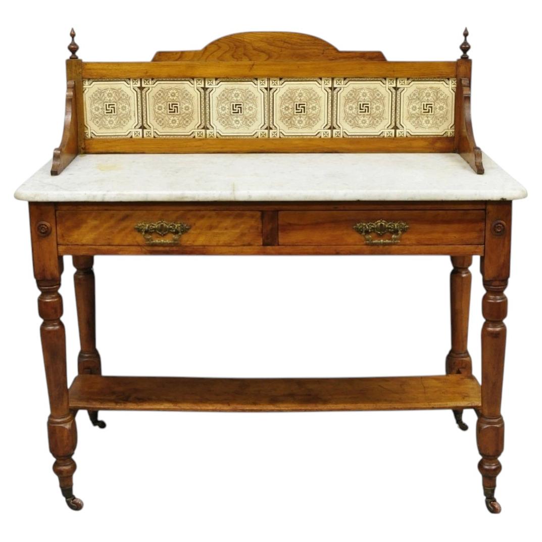 Antique Victorian Walnut Marble Top Washstand Good Luck Swastika Tile Backsplash For Sale